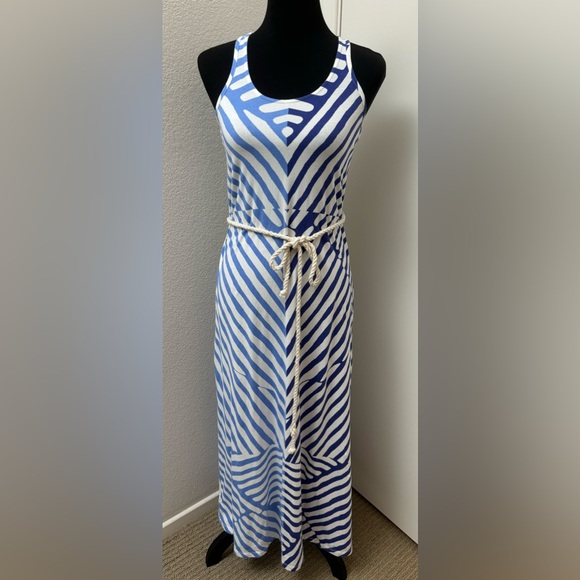 LOFT Dresses & Skirts - LOFT petite maxi dress cotton‎ knit stretchy xxsp summer nautical blue white